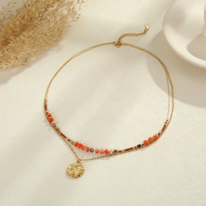 Double-layered stainless steel necklace with natural stone beads and celestial sun moon pendant