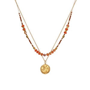 Double-layer stainless steel necklace with natural stone beads and gold sun moon pendant