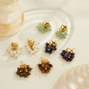 Vintage retro heart earrings with natural stone beads in assorted colors and gold finish