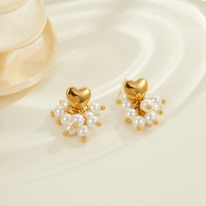 Vintage heart shaped gold stainless steel earrings with clustered white pearls decor