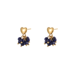 Golden heart earrings with blue natural stone beads in a vintage minimalist design