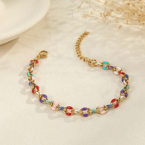 18K vergoldetes Edelstahl-Kettenarmband mit bunten Emaille-Gliedern und Karabinerverschluss