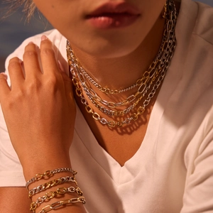 Tweekleurige goud en zilver gelaagde titanium stalen ketting set voor dames