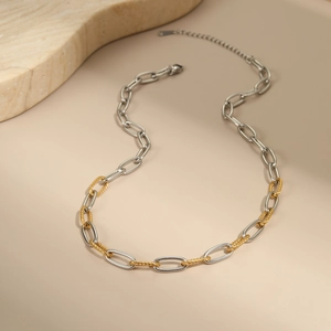 Close-up of dual-tone link necklace featuring silver oval and gold twisted rope rings