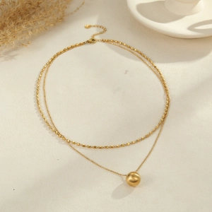 Minimalist gold double layer stainless steel necklace with bead chain and polished ball pendant