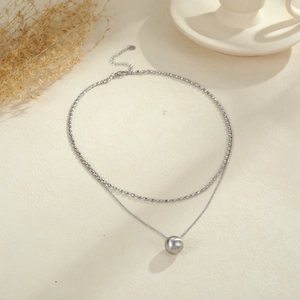 Minimalist silver double-layer stainless steel necklace with bead chain and pearl pendant