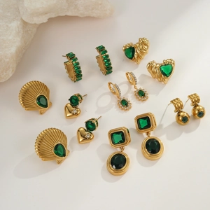 Vintage 18K Gold Plated Stainless Steel Emerald Zircon Earrings For Women Retro French Style Green Jewelry Gift