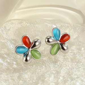 Bunte Katzenauge-Stein-Blumenohrstecker aus 18K vergoldetem Edelstahl