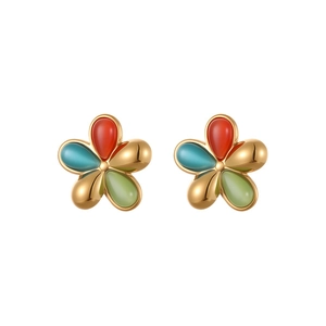 Bunte Katzenauge-Stein-Ohrstecker aus 18K vergoldetem Edelstahl in Blumenform