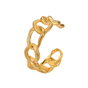 Bague chaîne dorée vintage pour femme avec maillons polis et texturés au fini martelé