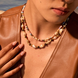 Double-layered bohemian necklace with colorful natural stone beads and shell accents