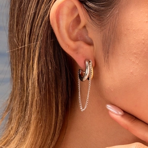 Boucles d'oreilles créoles en C en acier inoxydable avec anneau d'or et chaîne