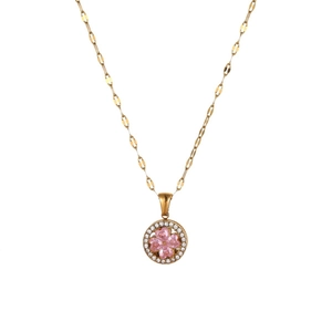 Elegante collana in acciaio inox dorato con ciondolo a quadrifoglio in zircone rosa