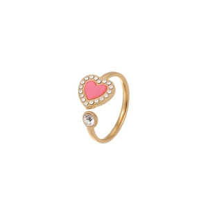 Gold plated open heart ring with pink enamel and sparkling white zircon accents
