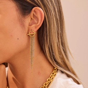 Boucles d'oreilles longues à franges en acier inoxydable bicolore doré et argenté chic