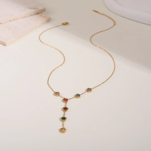 Elegante collar en Y dorado con colgantes de flores en circón de colores para mujer