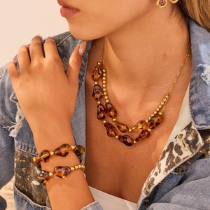 Conjunto de Collar y Pulsera de Acero Inoxidable con Resina de Estampado de Leopardo Vintage Chapado en Oro Joyería de Moda para Mujer