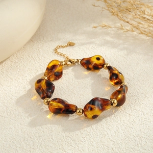 Pulsera vintage de resina de leopardo con cuentas de oro de 18K y cierre de mosquetón