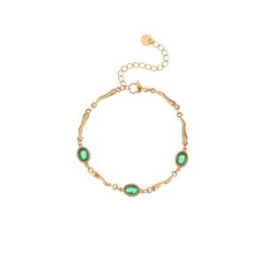 Elegante vergulde roestvrijstalen armband met ovale groene zirconen en golfschakels