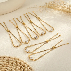 Elegant gold-plated stainless steel bead bracelets with geometric cubic zirconia accents