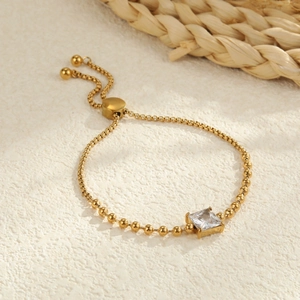 Golden stainless steel bead bracelet with square zircon and adjustable sliding clasp