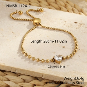 Detail view of heart zircon gold stainless steel bracelet with adjustable slider clasp