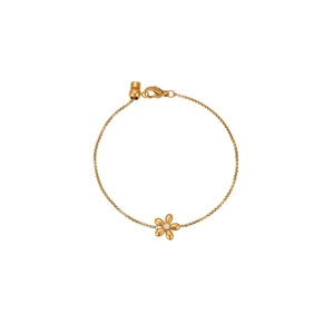 Elegant gold stainless steel bracelet with dainty crystal flower pendant on white background
