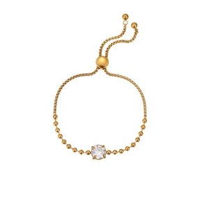 Adjustable gold stainless steel bracelet with a round cubic zirconia solitaire center