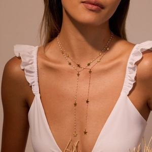 Collar lariat en Y de acero inoxidable dorado con cuentas rosas y colgantes de estrella