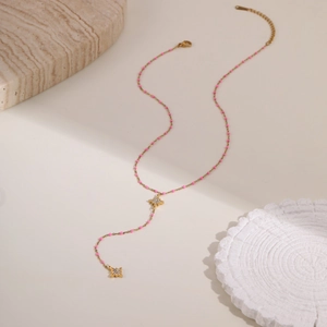 Collar minimalista en Y de acero inoxidable con cuentas rosas y colgantes de estrella