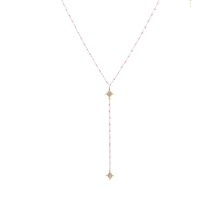 Elegante collar en Y dorado con cuentas rosas y colgantes de estrellas brillantes para mujer