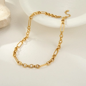 Golden stainless steel chunky chain necklace with interlocking oval and rectangular links