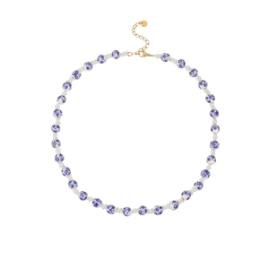 Blue and white ceramic floral bead necklace with faux pearls and gold adjustable chain