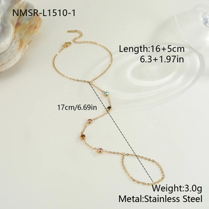 Detail der 18K Gold Handkette mit bunten ovalen Zirkonia und Produkt-Größentabelle