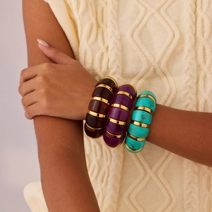 Bracelet Élastique Épais en Résine et Acier Inoxydable Irrégulier Vintage pour Femme Jonc Extensible Bijoux Mode Retro