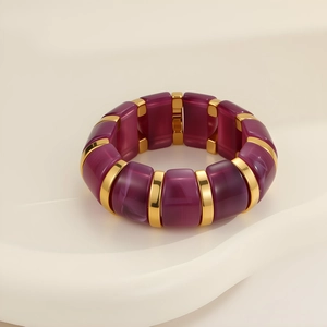 Bracelet rétro en résine avec modules violets translucides et perles dorées