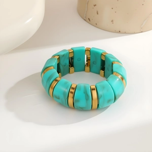 Bracelet élastique en résine rétro avec texture marbrée et détails dorés pour femme