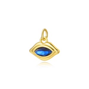 Detailed macro of 18k gold lip pendant with blue marquise zircon and polished surface