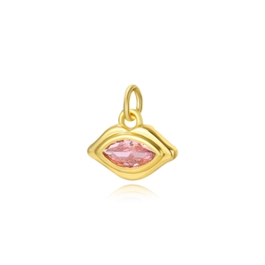 Detail of 18k gold-plated lip-shaped pendant with pink marquise zircon for DIY jewelry