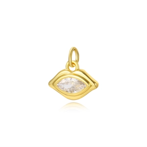 Macro detail of 18k gold plated lips pendant with marquise cut sparkling zircon stone