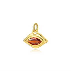 Detailed macro view of 18k gold plated lip pendant with orange zircon and marquise-cut stone