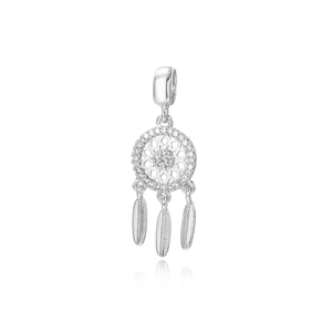 Polished silver dreamcatcher pendant with sparkling zircons and feather charms