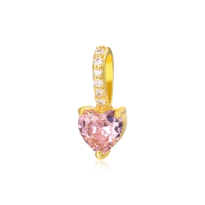 Detailed close-up of heart-shaped pink zircon pendant with 18k gold plating and small diamonds