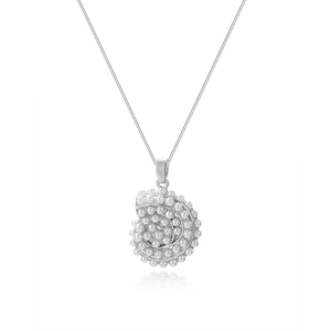 Close-up of elegant silver conch shell pendant encrusted with lustrous white pearls