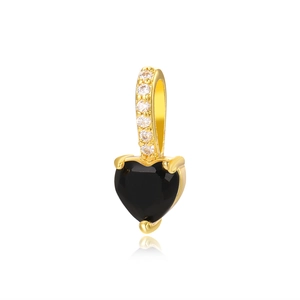 Macro view of 18k gold heart pendant with black zircon stone and diamond-set bail