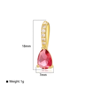 Detail showing red pear cut zircon pendant dimensions 18mm by 7mm with gold plating