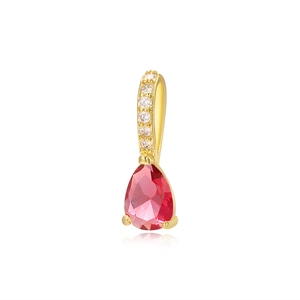 Detailed macro view of pear-shaped pink gemstone pendant with gold zircon-set bail