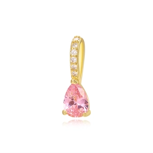 Detailed view of pear-cut pink zircon pendant with gold plated 18k clasp and white crystals