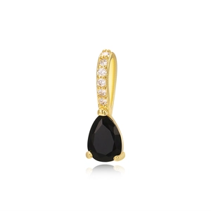 Detail of 18k gold plated teardrop pendant with black gemstone and tiny zircon accents