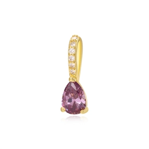 Detailed macro view of 18k gold plated teardrop pendant with pink zircon and micro-pave stones
